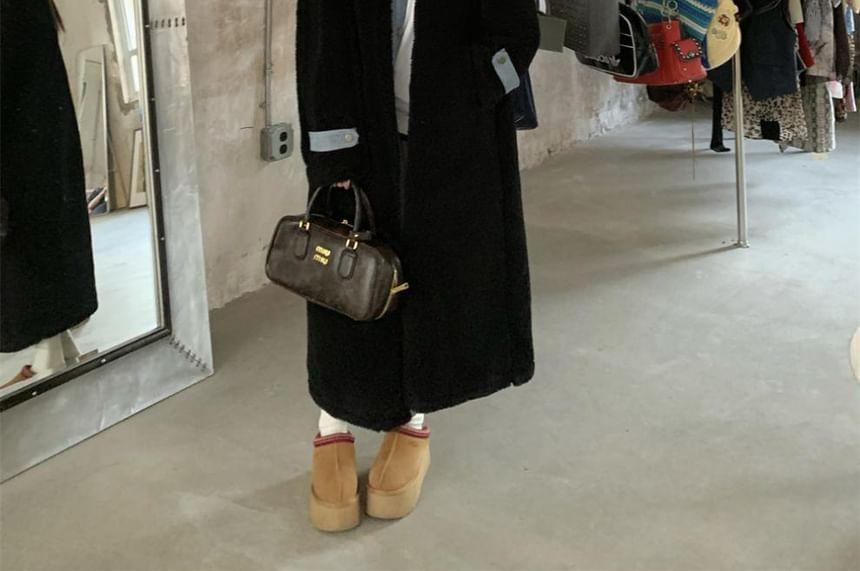 Collared Mock Two-Piece Denim Panel Button-Up Fleece Long Coat Product Image