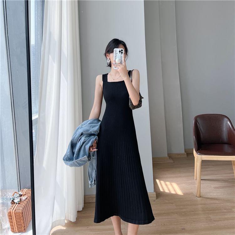Sleeveless Square Neck Plain Midi A-Line Knit Dress Product Image