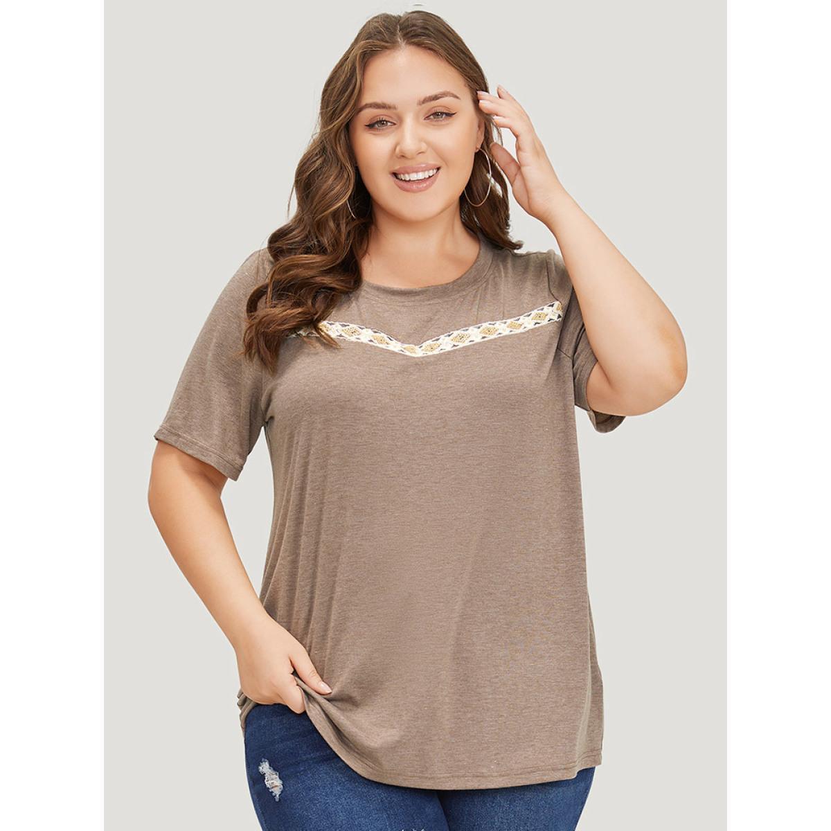 Plus Size Lace Panel Contrast Round Neck T-shirt DarkBrown Women Casual Heather Plain Round Neck Dailywear T-shirts BloomChic 12/L Product Image