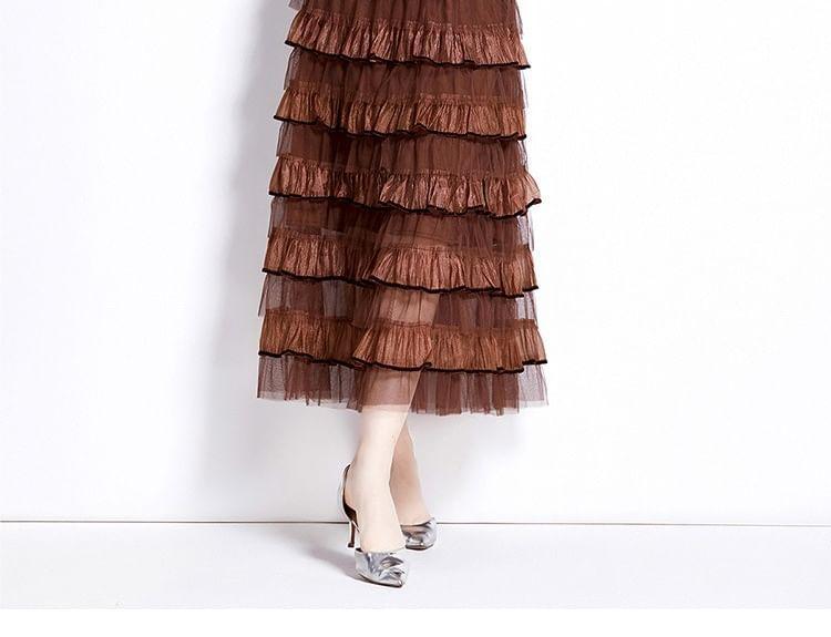 Set: Long Sleeve Mock Neck Plain Panel Knit Top + High Waist Tiered Mesh Maxi A-Line Skirt Product Image