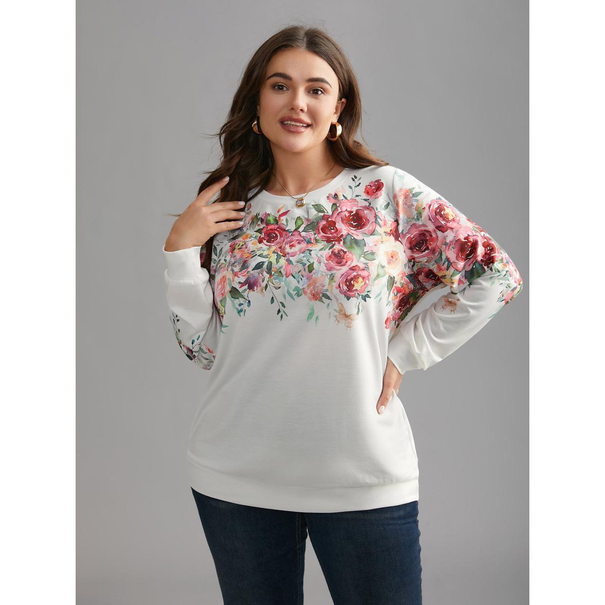 Plus Size Watercolor Floral Print Round Neck Sweatshirt Women WhiteSmoke Elegant Contrast Loose Round Neck Everyday Sweatshirts BloomChic 28/5X Product Image