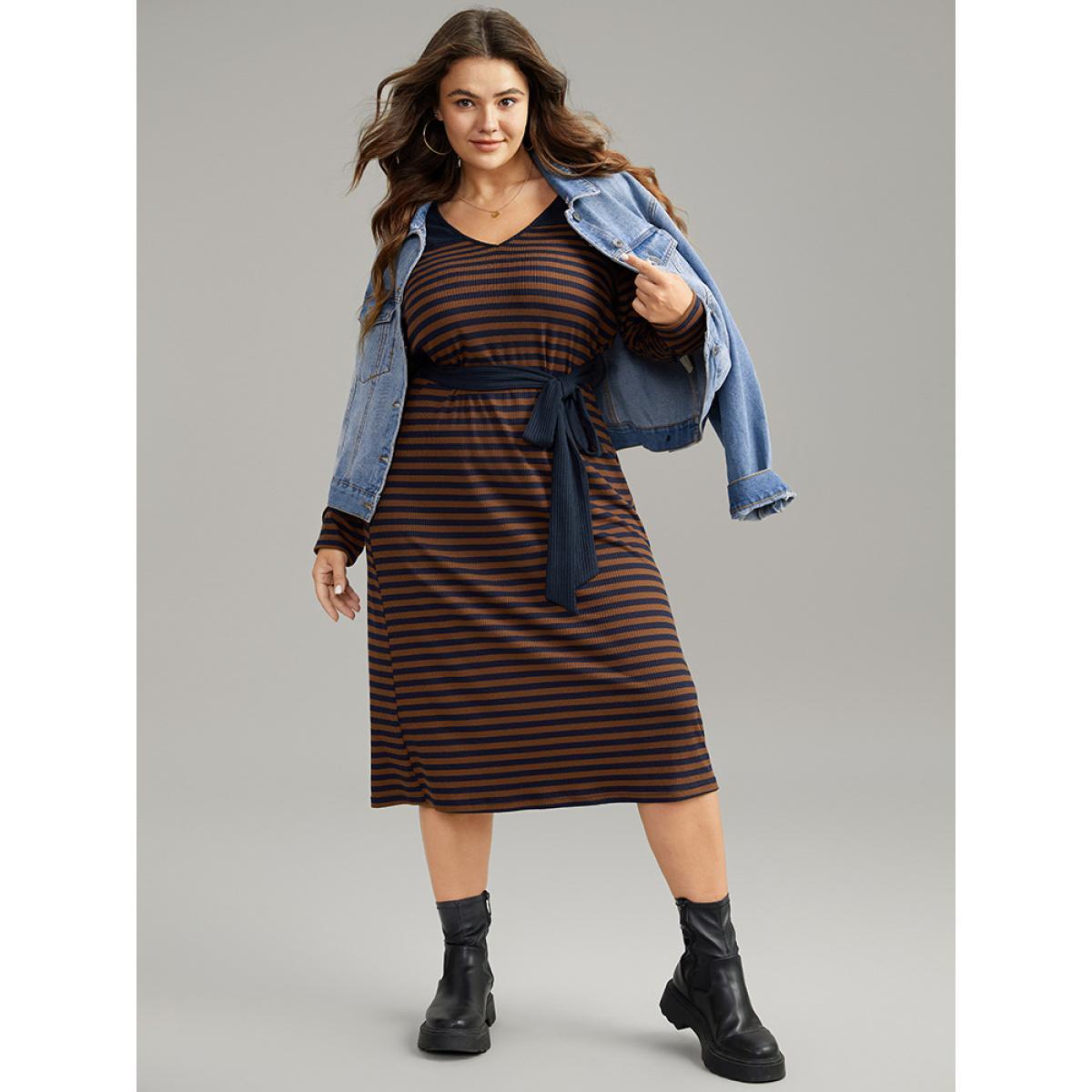 Plus Size Rib Knit Belted Patchwork Contrast Dress DarkBrown Women Casual Belted V-neck Long Sleeve Curvy Midi Dress BloomChic 30/6X Product Image