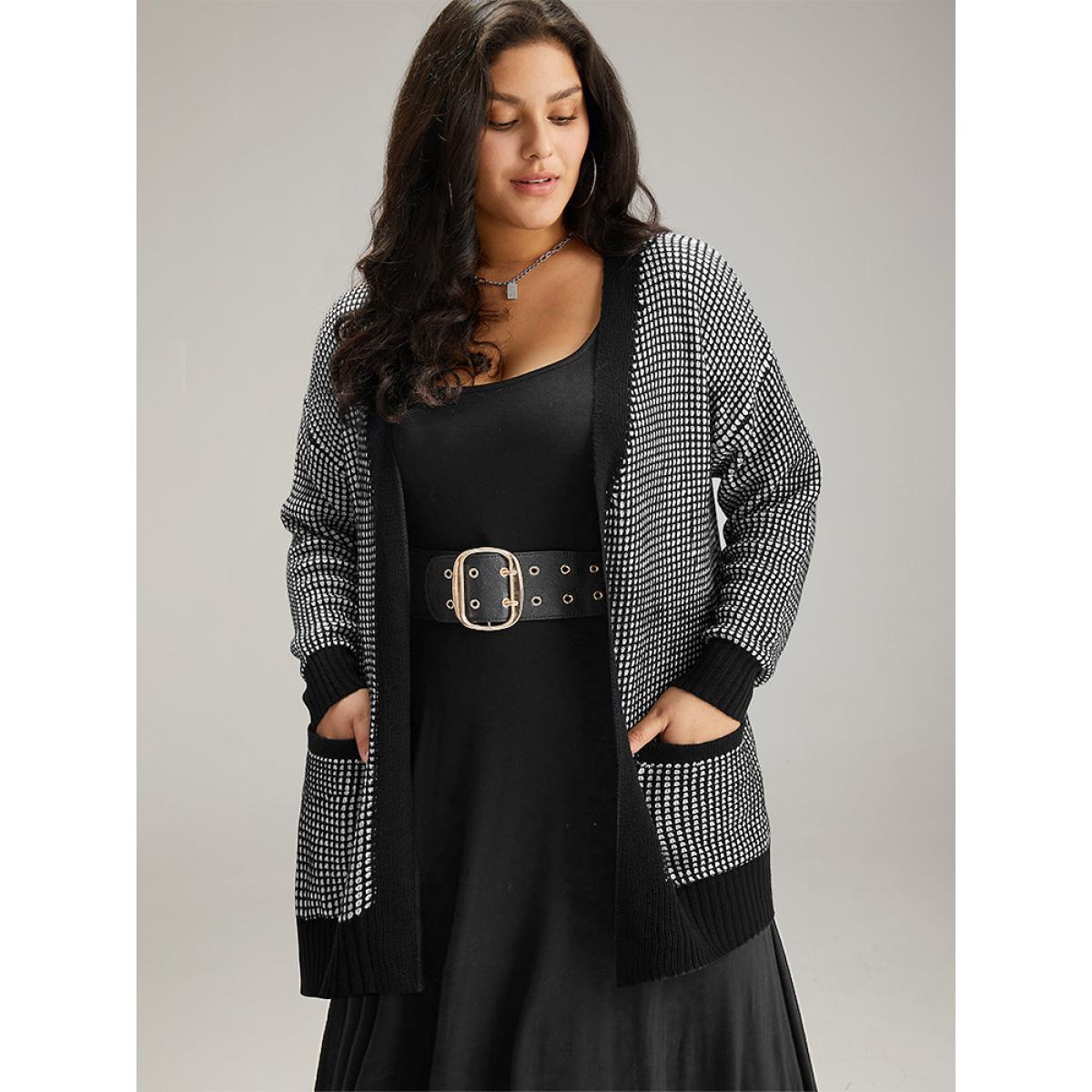 Plus Size Polka Dot Patched Pocket Drop Shoulder Cardigan Black Women Basics Loose Long Sleeve Dailywear Cardigans BloomChic 28/5X Product Image
