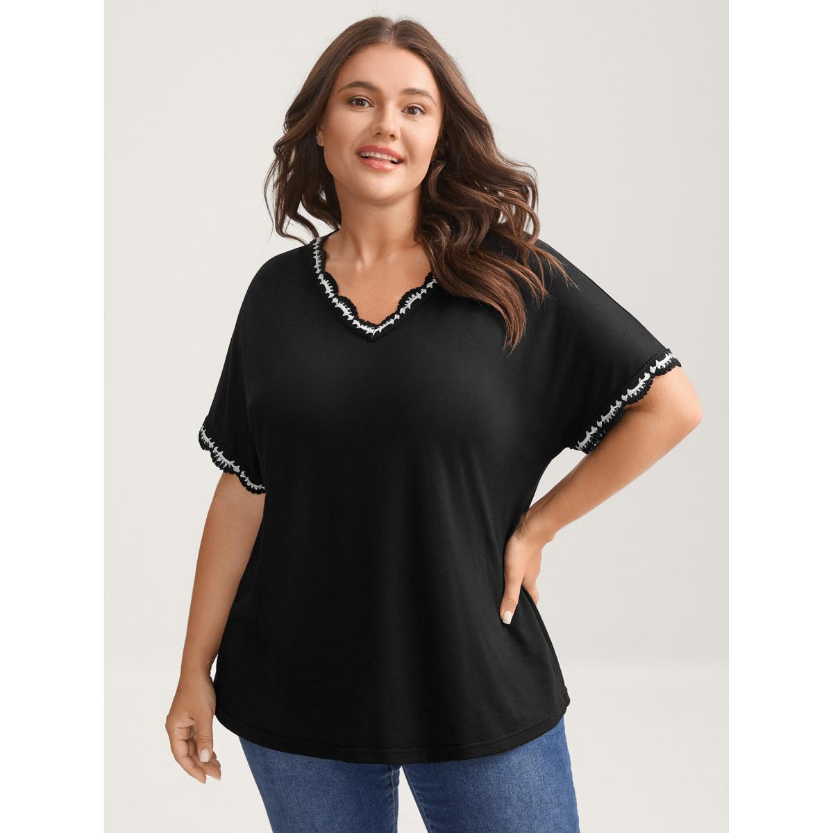 Plus Size Supersoft Stretchy Scalloped Neck Solid T-Shirt Black Women Woven ribbon&lace trim V-neck Everyday-Casual T-shirts BloomChic 18-20/2X Product Image