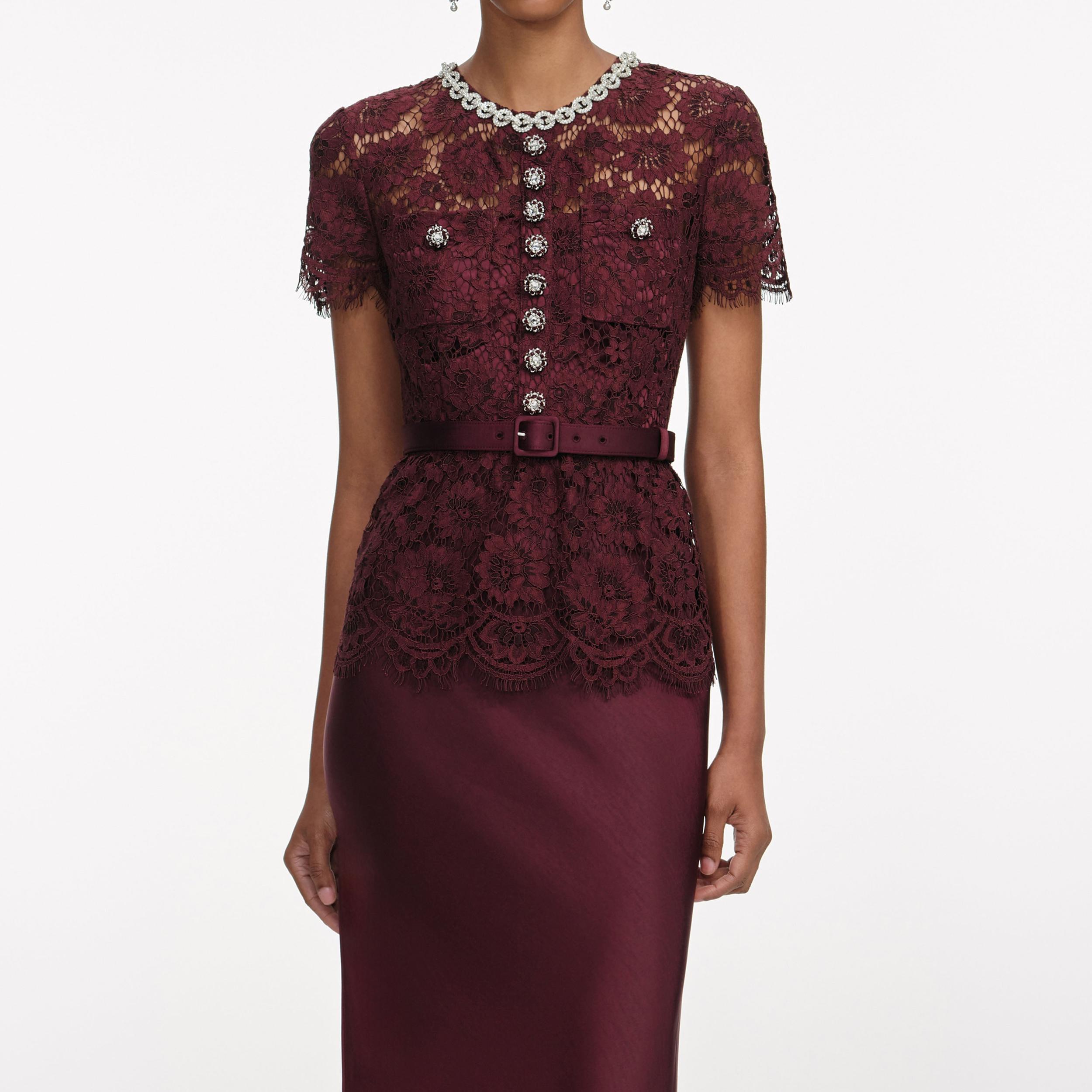 Burgundy Lace Satin Maxi Dress Product Image