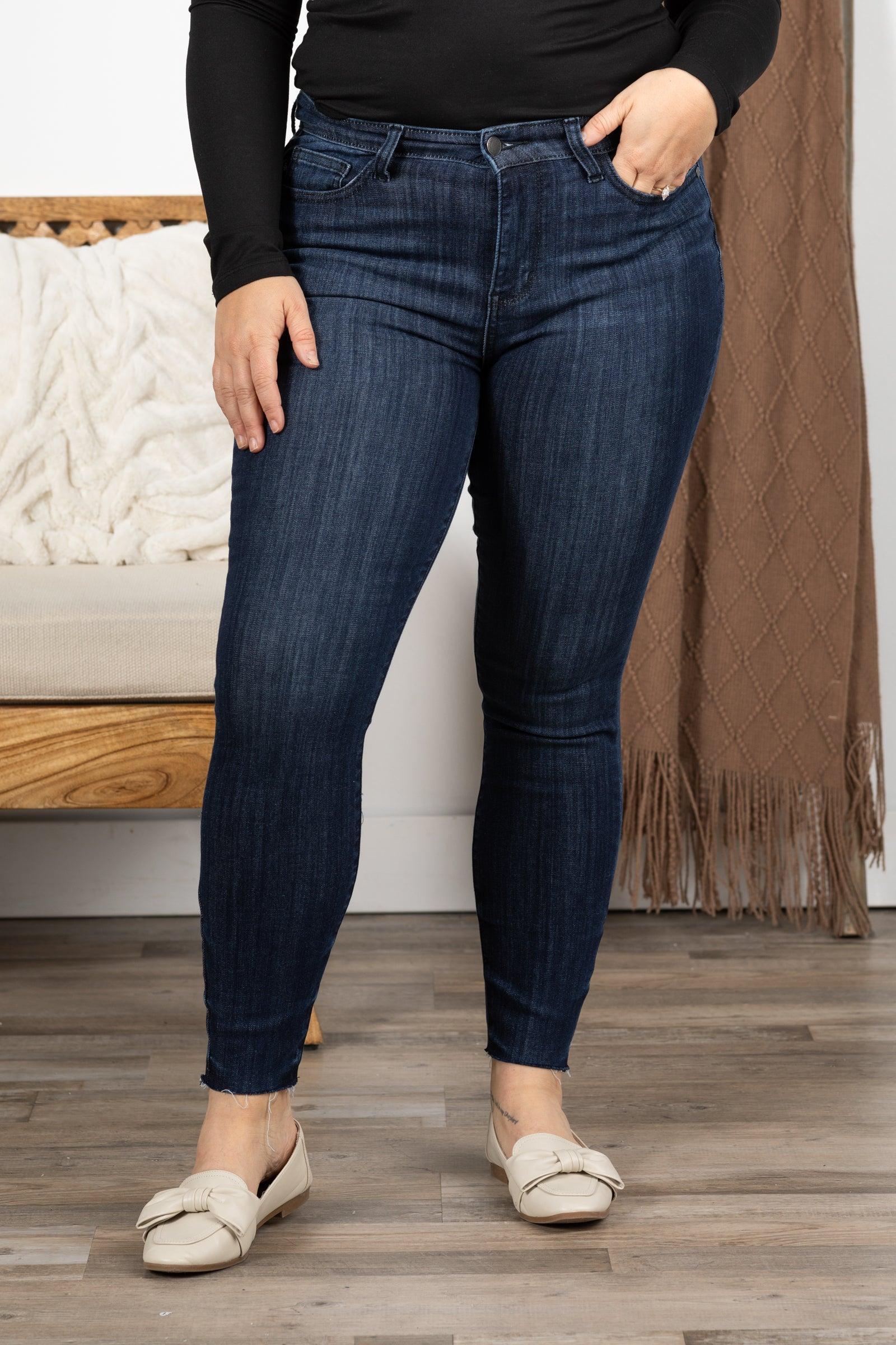 Judy Blue Dark Wash Skinny Raw Hem Jeans Product Image