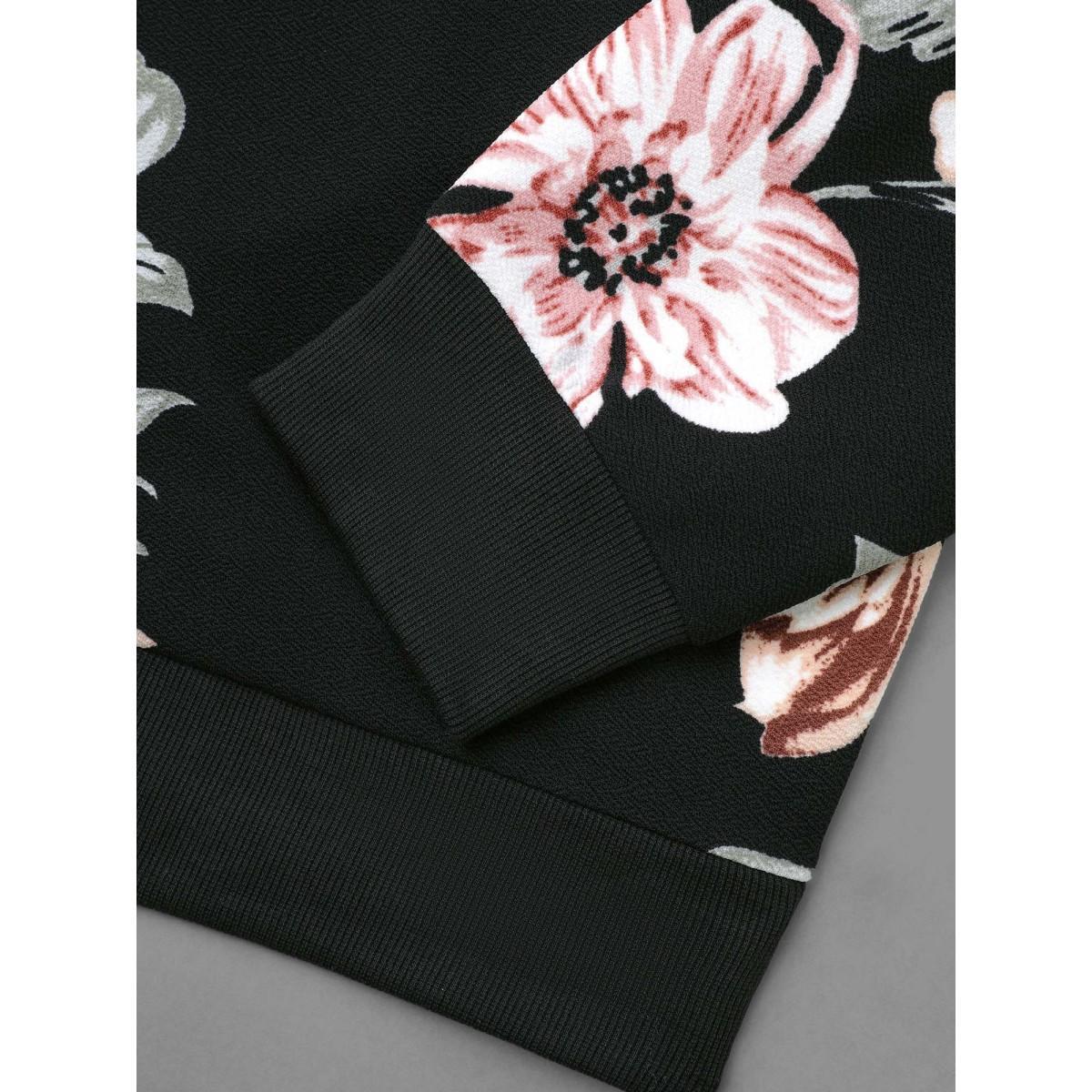 Plus Size Big Flowers Crew Neck Elastic Sweatshirt Women Black Elegant Contrast Round Neck Everyday Sweatshirts BloomChic 26/4X Product Image