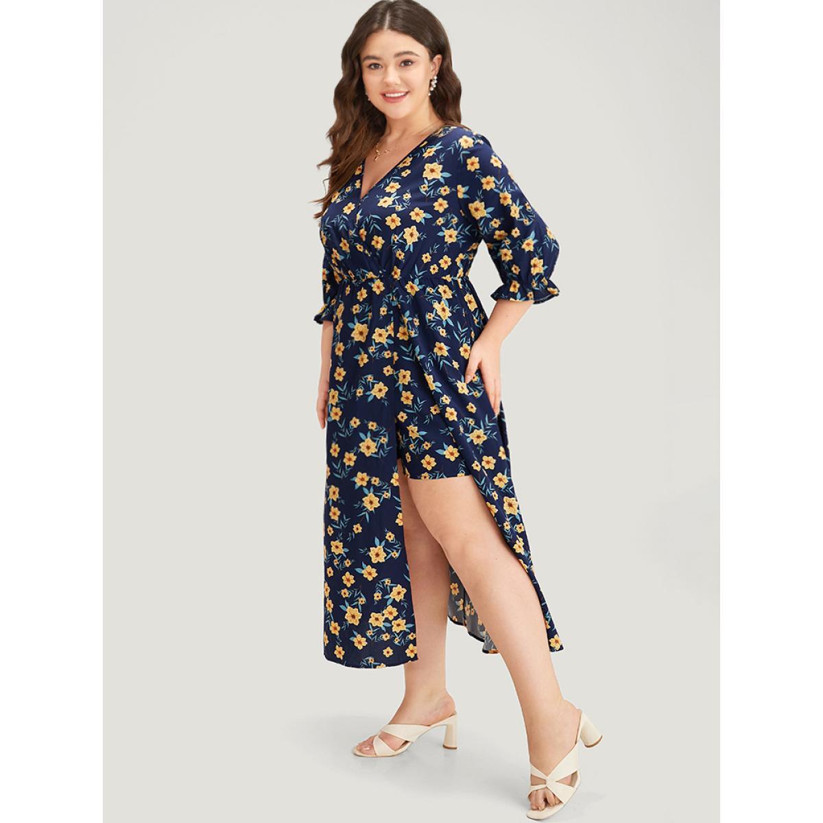 Plus Size Indigo Floral Print Pocket V Neck Wrap Split Hem Jumpsuit Women Elegant Half Sleeve V-neck Dailywear Loose Jumpsuits BloomChic 12/L Product Image