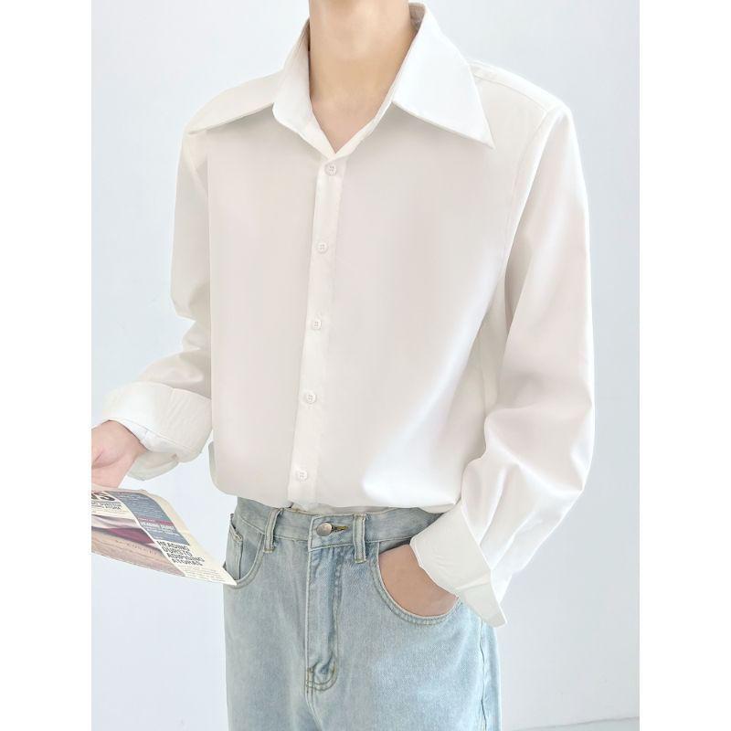 Long Sleeve Collared Plain Button Shirt Product Image