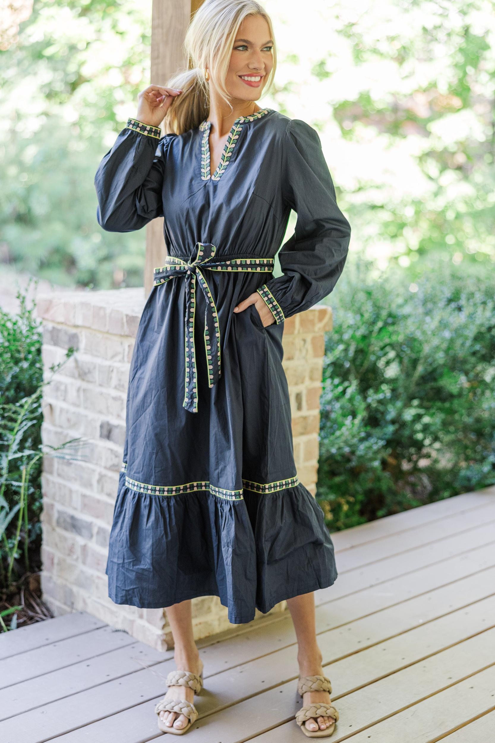 Take The Day Navy Blue Embroidered Midi Dress Female Product Image