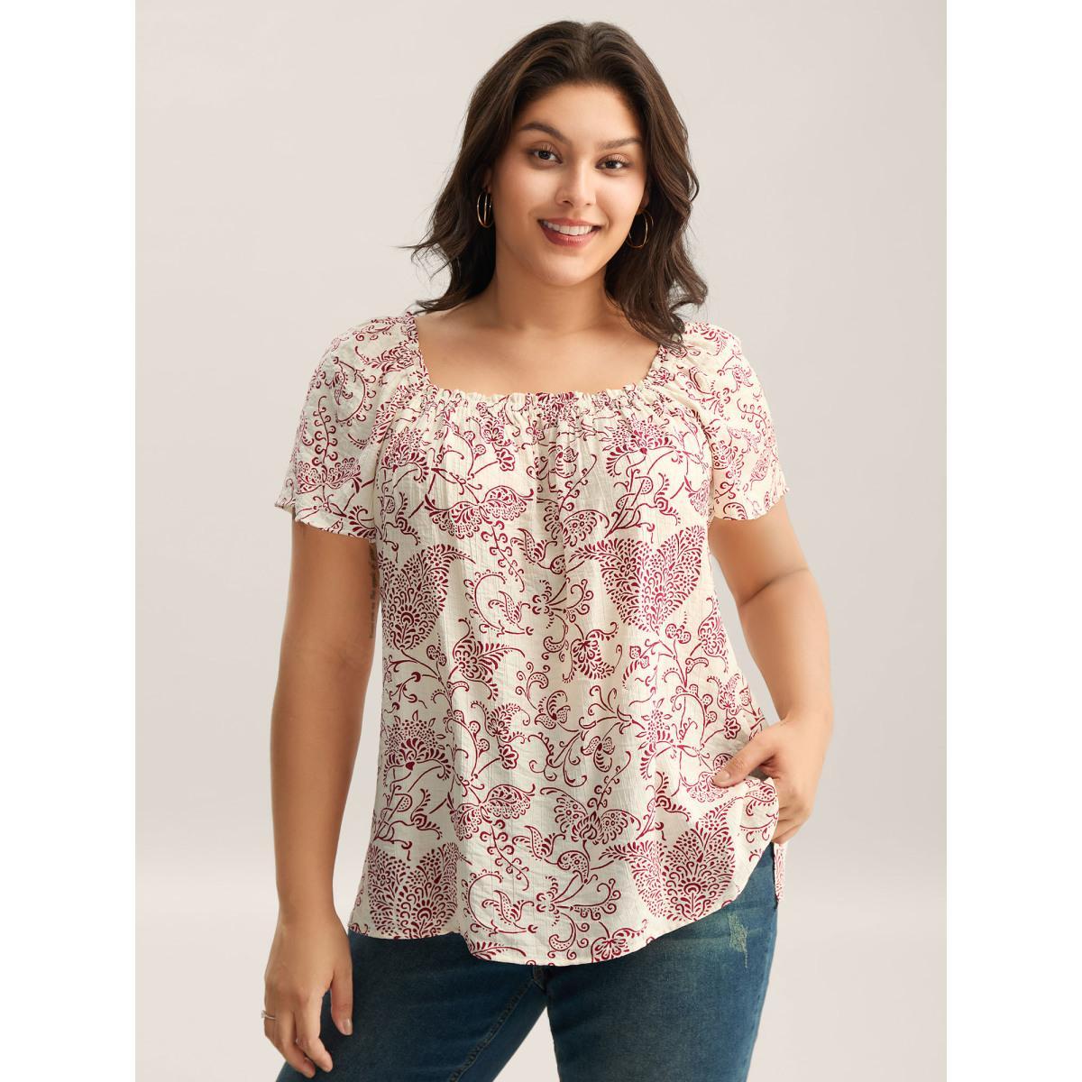 Plus Size Ivory Floral Print Shirred Neck Flowy Blouse Women Short sleeve Square Neck Vacation Blouses BloomChic 26/4X Product Image