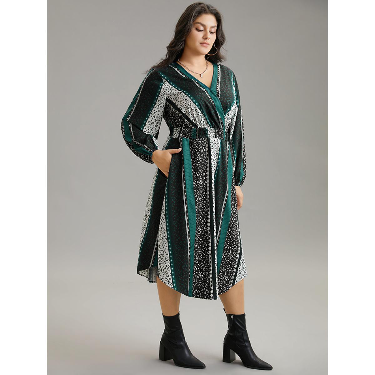 Plus Size Boho Print Striped Shirred Wrap Dress Emerald Women Vacation Elastic cuffs V-neck Long Sleeve Curvy Midi Dress BloomChic 26/4X Product Image