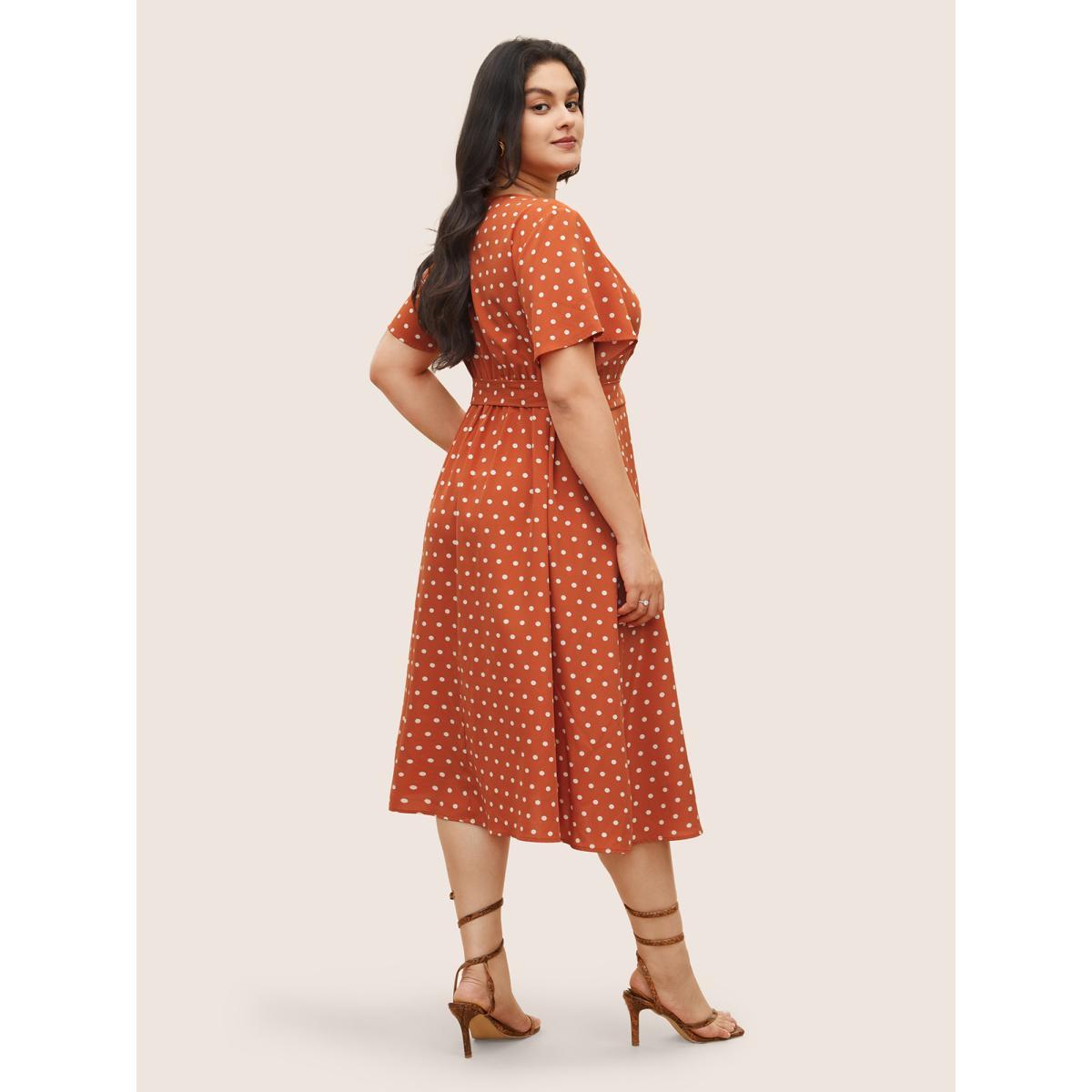 Plus Size Polka Dot Drawstring Belted Ruffle Sleeve Dress OrangeRed Women Elegant Non V-neck Short sleeve Curvy Midi Dress BloomChic 22-24/3X Product Image