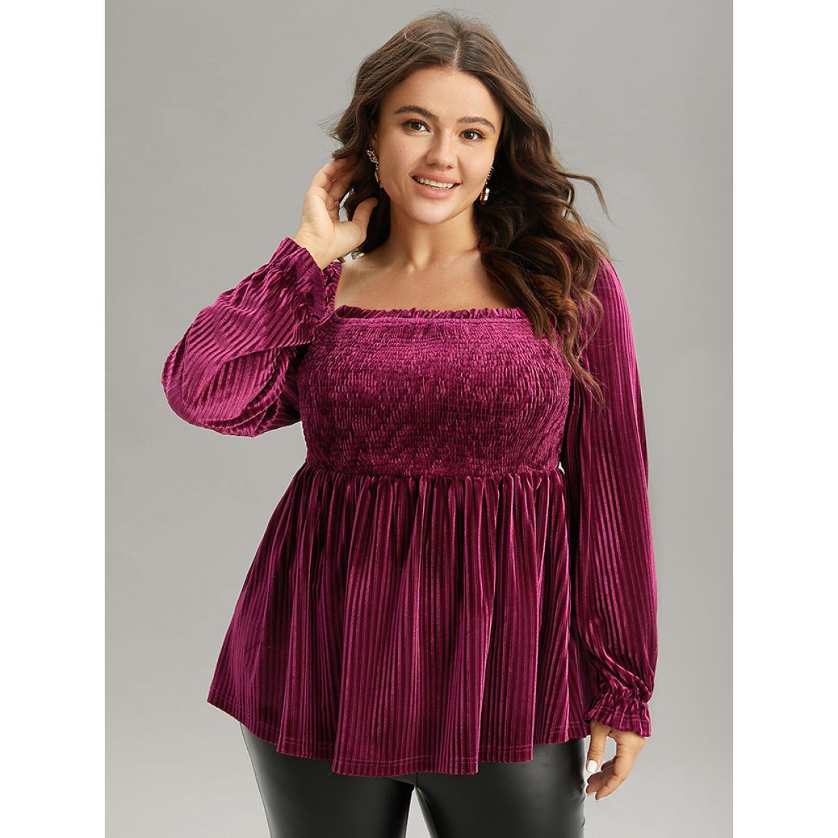 Plus Size RedViolet Velvet Frill Trim Shirred Square Neck Blouse Women Glamour Long Sleeve Square Neck Party Blouses BloomChic 18-20/2X Product Image