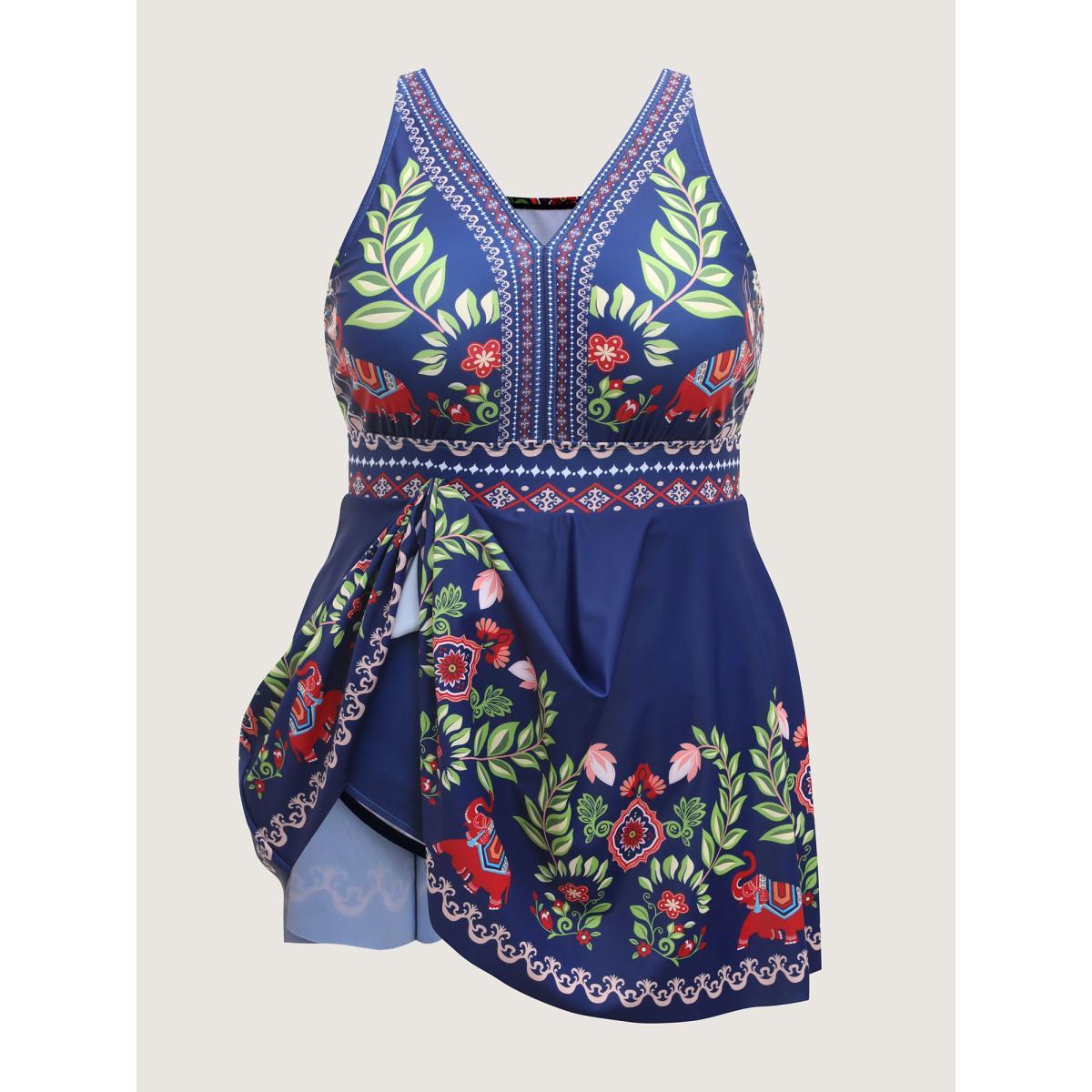 Plus Size Anti-Float Ties Floral Swim Dress Women's Swimwear Indigo Beach Bodycon V-neck High stretch Curve Swim Dresses BloomChic 18-20/2X Product Image