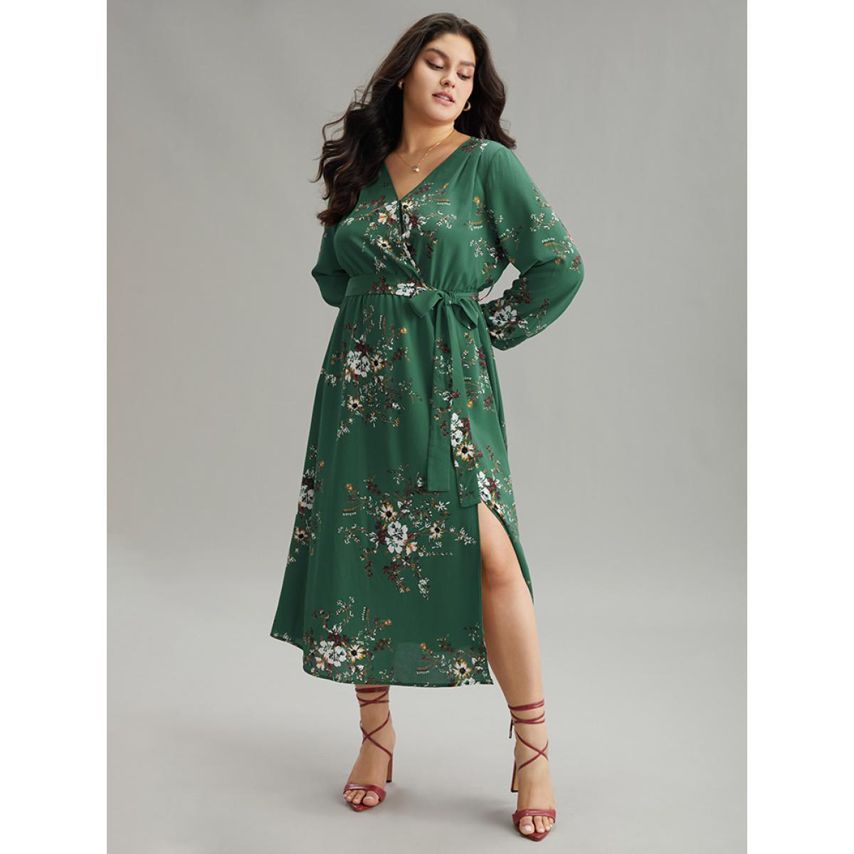 Plus Size Floral Print Belted Split Surplice Neck Dress Mint Women Elegant Elastic cuffs Overlap Collar Long Sleeve Curvy Midi Dress BloomChic 30/6X Product Image