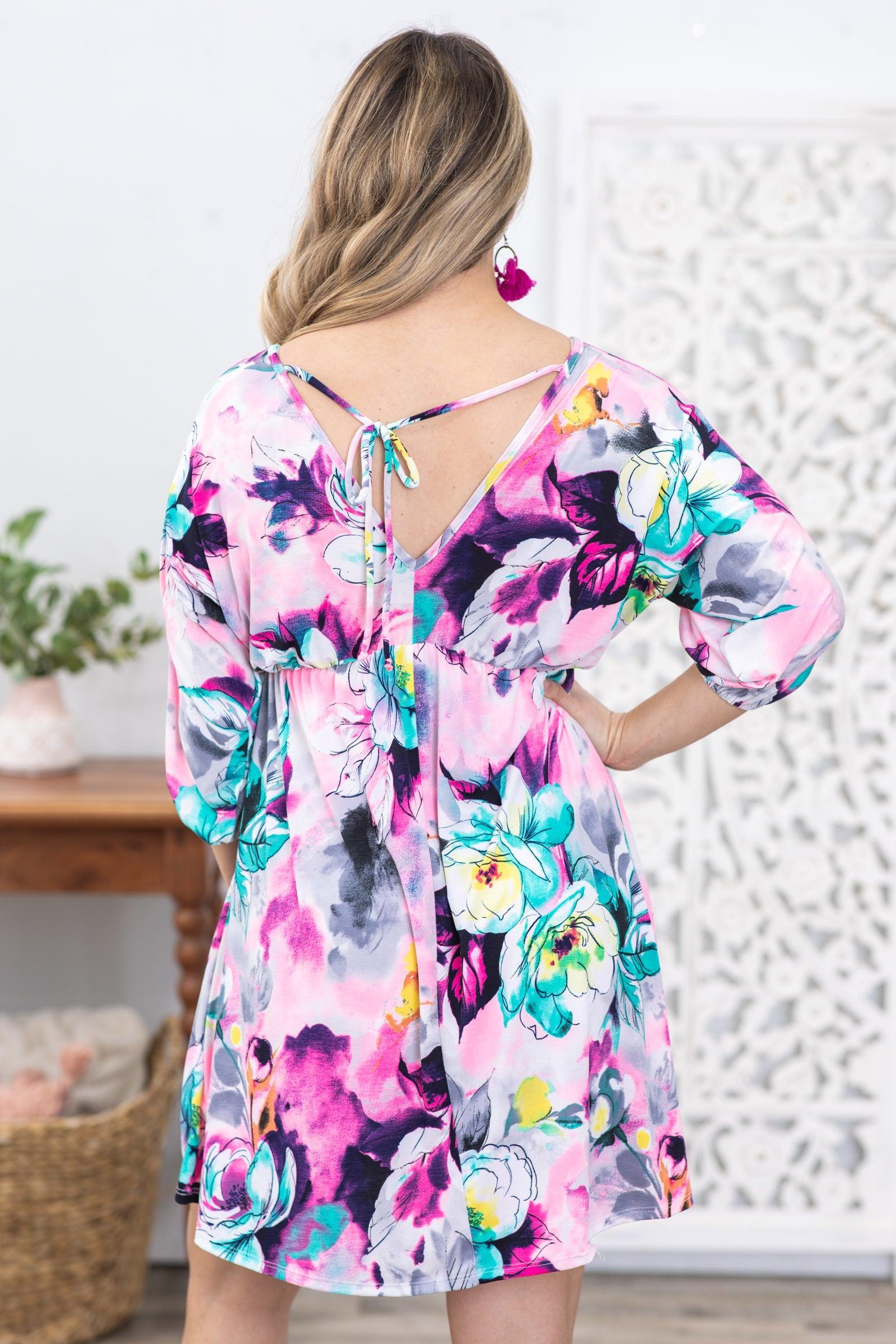 Purple Multicolor Half Sleeve Floral Dress Product Image