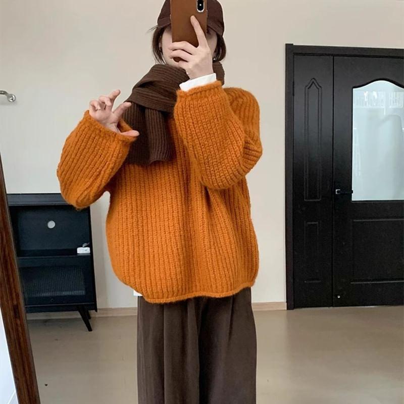 Round Neck Plain Ribbed Sweater Product Image