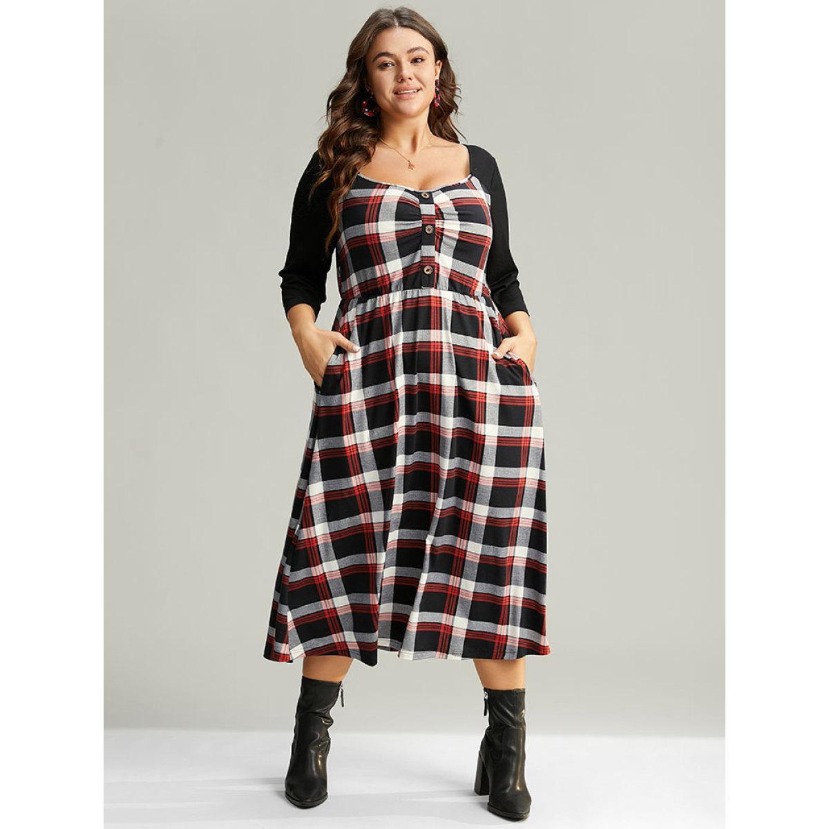 Plus Size Christmas Plaid Patchwork Pleated Square Neck Dress Red Women Office Printed Square Neck Elbow-length sleeve Curvy Midi Dress BloomChic 30/6X Product Image