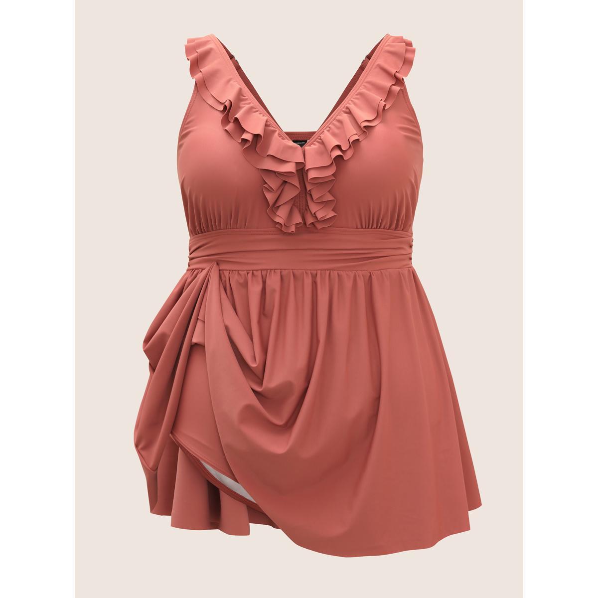 Plus Size Ruffle Trim Adjustable Straps Gathered Sculpt Waist Swim Dress Women's Swimwear Salmon Beach Bodycon V-neck High stretch Curve Swim Dresses BloomChic 14-16/1X Product Image