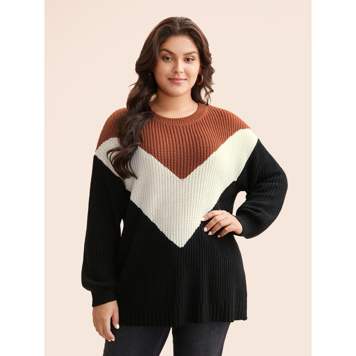 Plus Size Colorblock Contrast Lantern Sleeve Pullover Yellowishbrown Women Casual Loose Long Sleeve Round Neck Everyday Pullovers BloomChic 18-20/2X Product Image