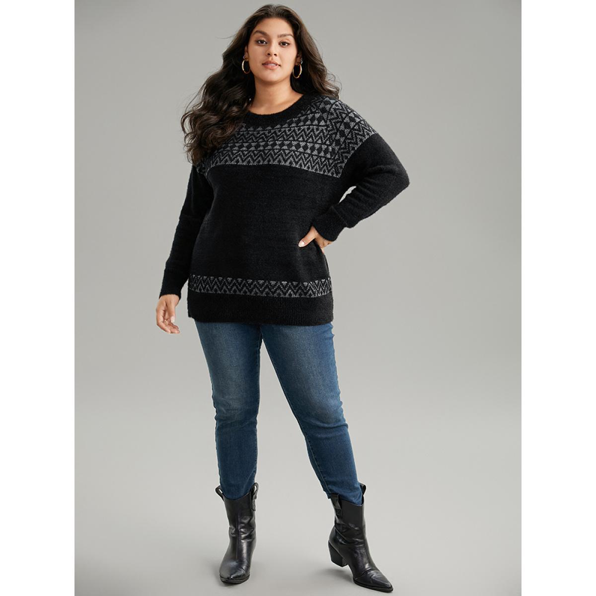 Plus Size Bandana Print Fuzzy Sparkly Pullover Black Women Casual Loose Long Sleeve Round Neck Dailywear Pullovers BloomChic 12/L Product Image