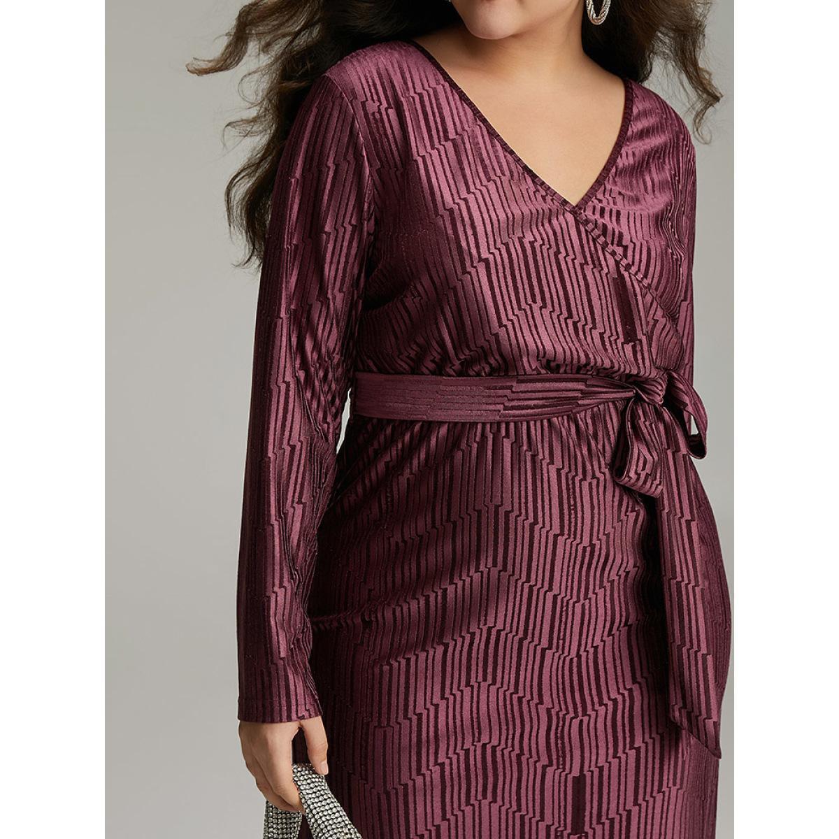 Plus Size Geometric Velvet Belted Split Hem Dress RedViolet Women Cocktail Wrap Overlap Collar Long Sleeve Curvy Knee Dress BloomChic 30/6X Product Image