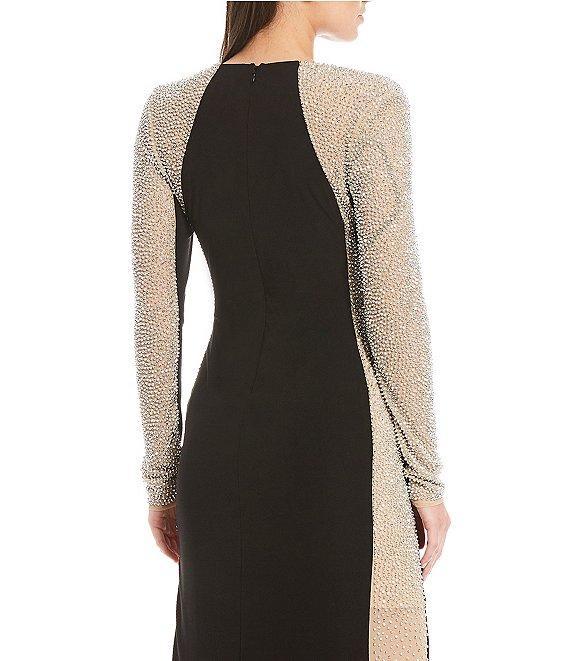 Xscape Caviar Beaded Mesh Panel Long Sleeve Contrast Matte Jersey Square Neck Sheath Gown Product Image