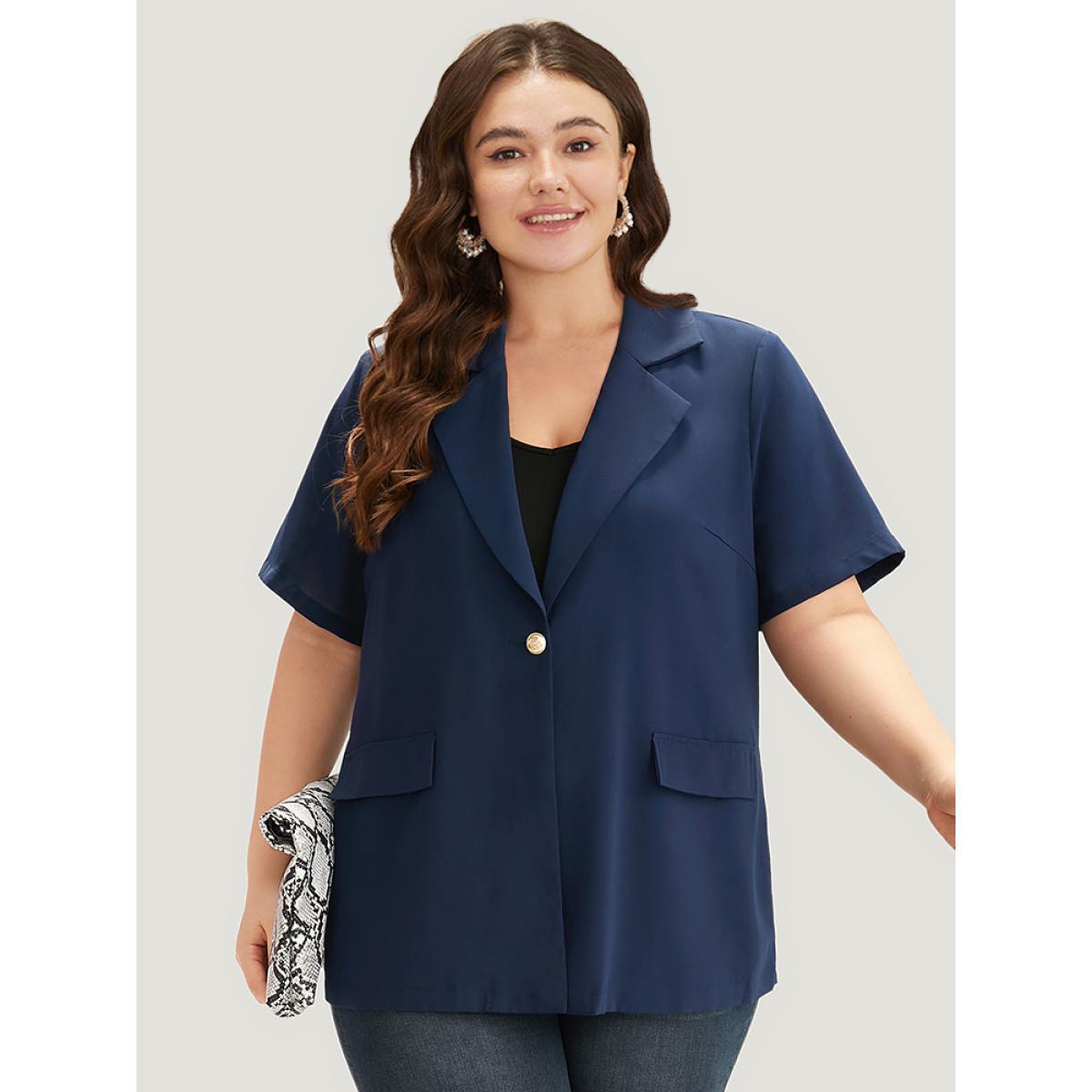 Plus Size Plain Button Through Flap Pocket Suit Collar Blazer Indigo Women Dailywear Plain Drape Sleeve Short sleeve Lapel Collar 10/M Pocket Casual Blazers BloomChic Product Image
