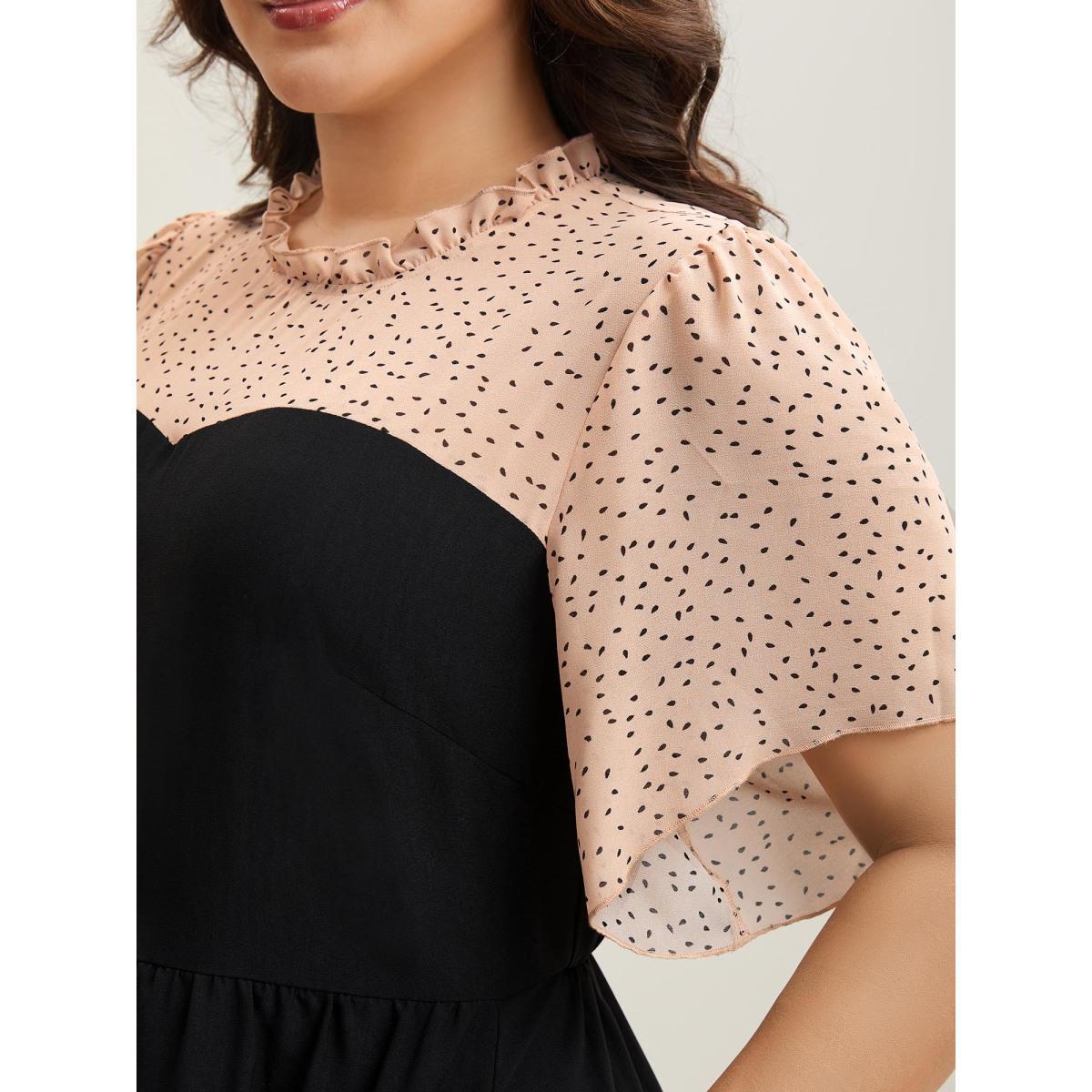 Plus Size Round Ruffled Neck Color Contrast Midi Dress Black Women Elegant See through Round Neck Short sleeve Curvy BloomChic 10/M Product Image