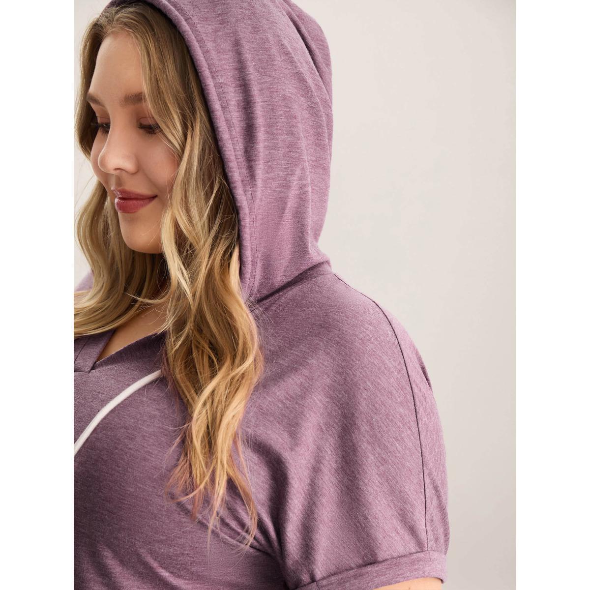 Plus Size Hooded Pockets Ties Plain T-Shirt Mauve Women Roll Hem Turtleneck Everyday-Casual T-shirts BloomChic 14-16/1X Product Image