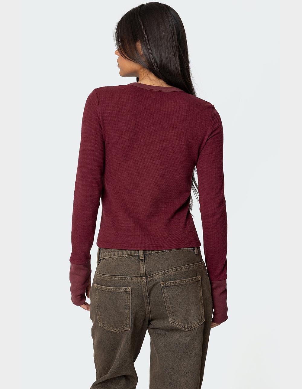 EDIKTED Waffle Long Sleeve Tee - DK RED Product Image