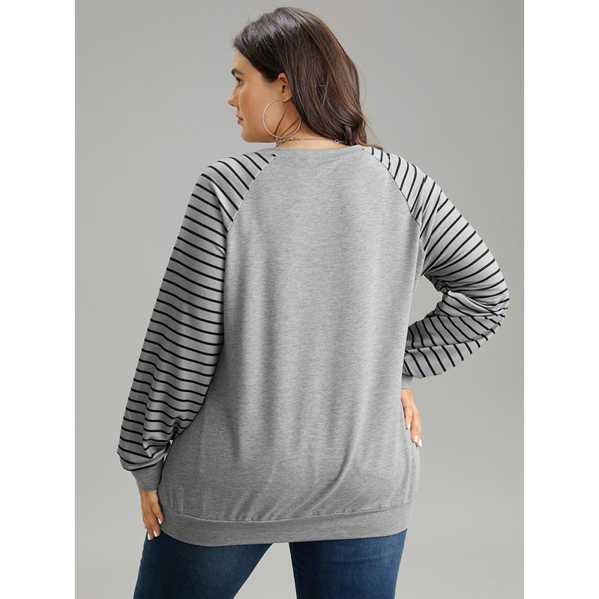 Plus Size Striped Patchwork Crew Neck Raglan Sleeve Sweatshirt Women Gray Casual Contrast Round Neck Dailywear Sweatshirts BloomChic 30/6X Product Image