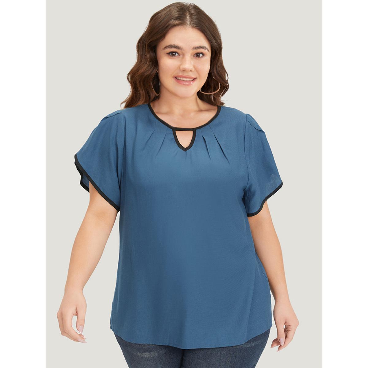 Plus Size Aegean Plicated Detail Contrast Trim Keyhole Flutter Petal Sleeve Blouse Women Office Short sleeve Keyhole Cut-Out Work Blouses BloomChic 28/5X Product Image