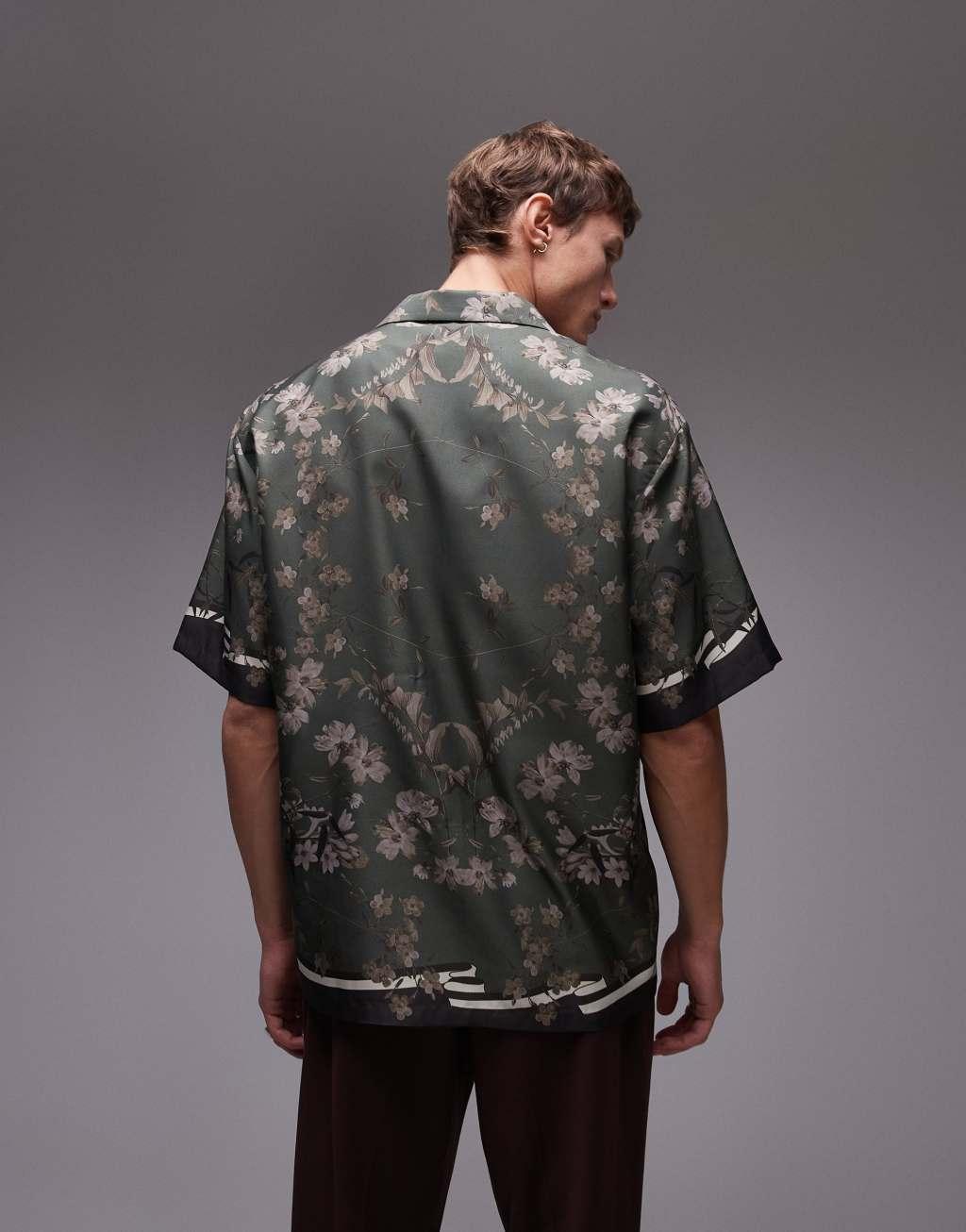 Topman short sleeve satin printed shirt in dark green Product Image