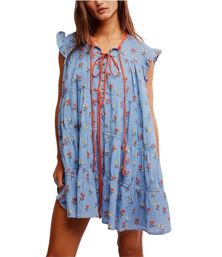 Free People Sundown Floral Print Split Neck Cap Sleeve Mini Dress Product Image