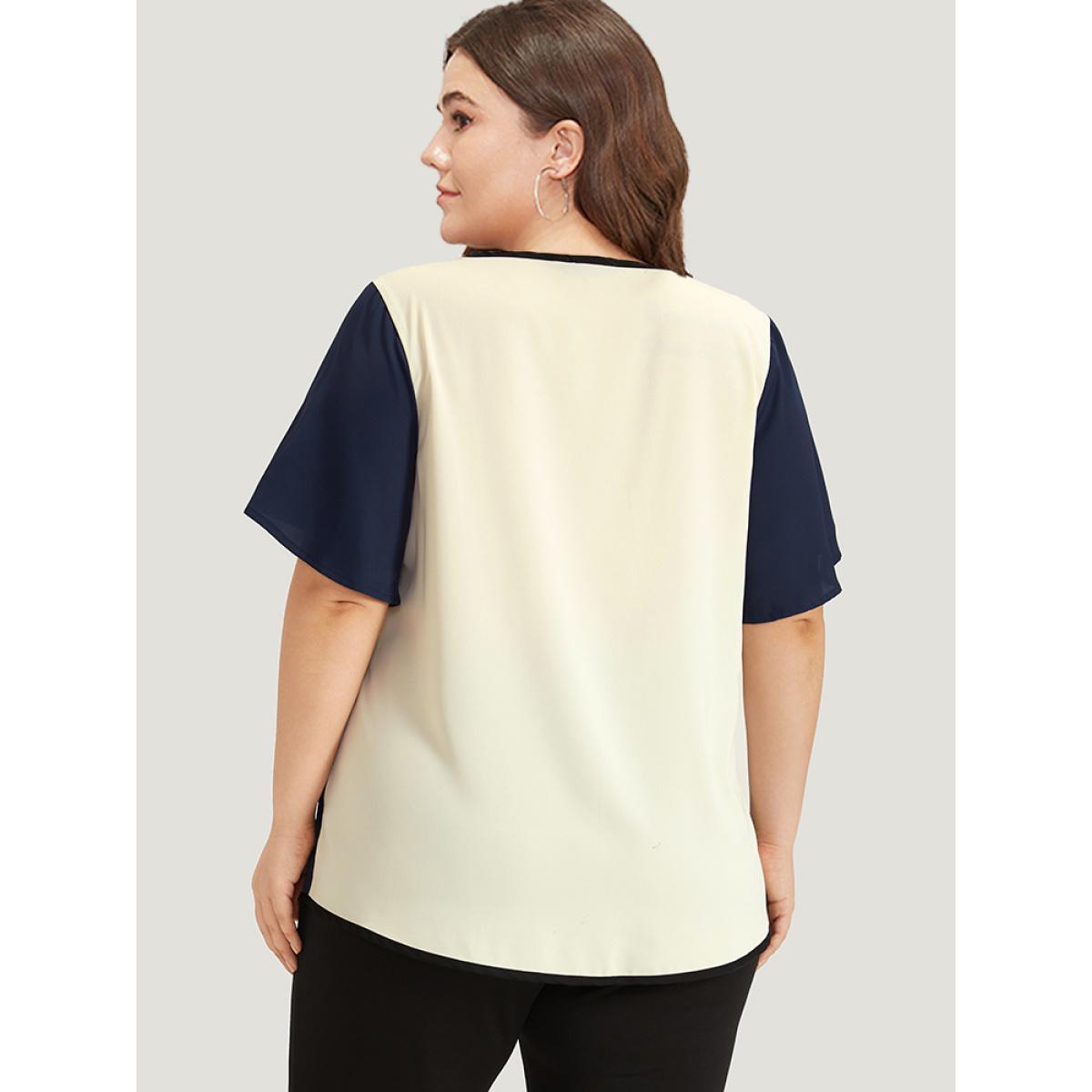 Plus Size Beige Contrast Patchwork V Neck Ruffle Sleeve Blouse Women Office Short sleeve V-neck Work Blouses BloomChic 12/L Product Image