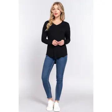 Women's Black Long Dolman Sleeve V-Neck Rayon Span Jersey Top Product Image