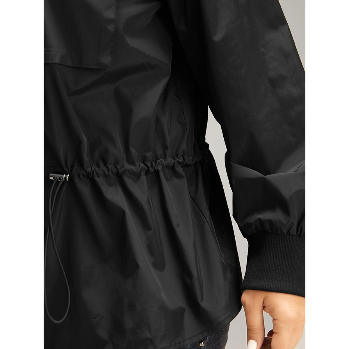 Plus Size Wind-Resistant Zipper Fly Drawstring Jacket Women Black Plain Pocket Dailywear Jackets BloomChic 12/L Product Image