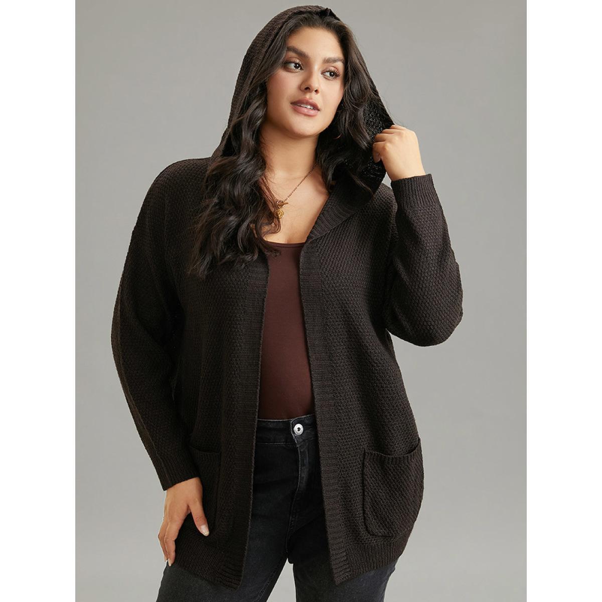 Plus Size Plain Hooded Pocket Open Front Cardigan DarkBrown Women Casual Loose Long Sleeve Dailywear Cardigans BloomChic 14-16/1X Product Image