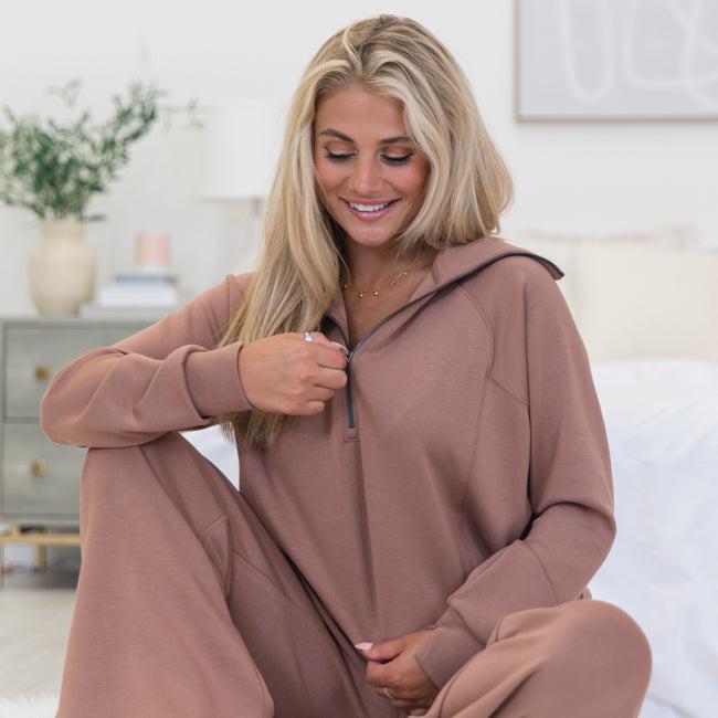 Let's Just Stay Mocha Quarter Zip Knit Pullover FINAL SALE Product Image