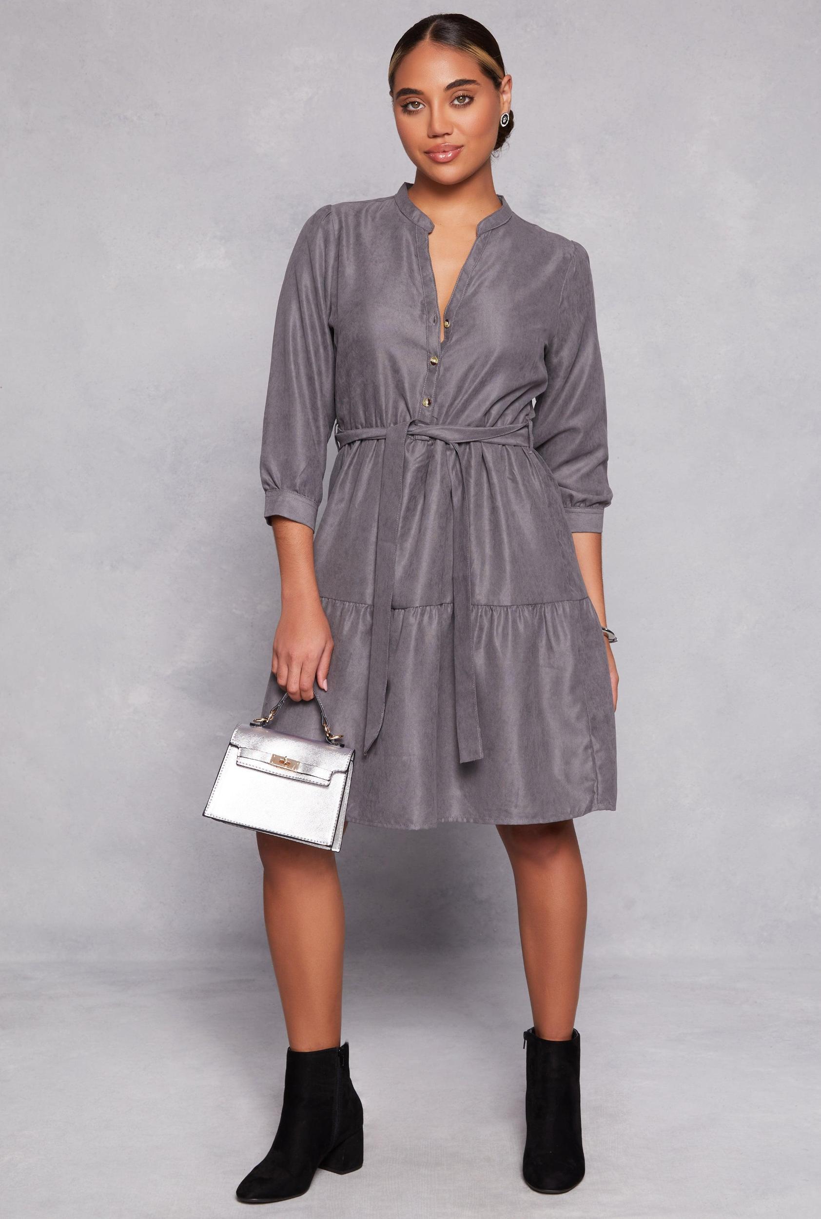 Womens Tie Waist Belted Half Button Tiered Dress Product Image