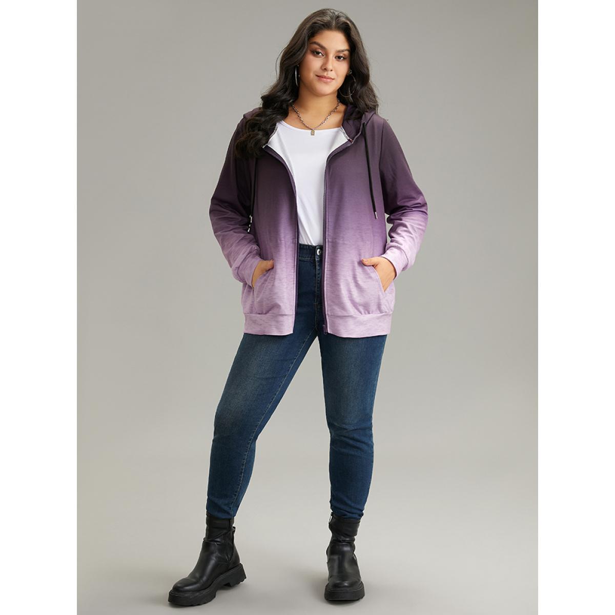 Plus Size Ombre Hooded Zipper Drawstring Sweatshirt Women Purple Casual Zipper Hooded Everyday Sweatshirts BloomChic 14-16/1X Product Image