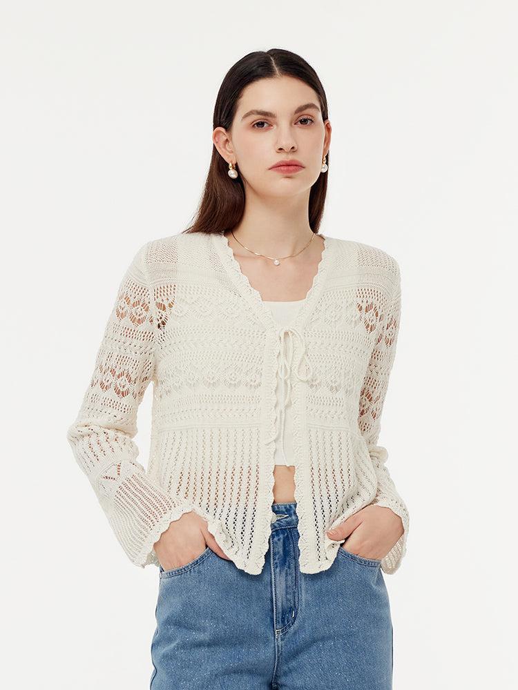 Linen Cotton Openwork Tie Front Women Cardigan Product Image