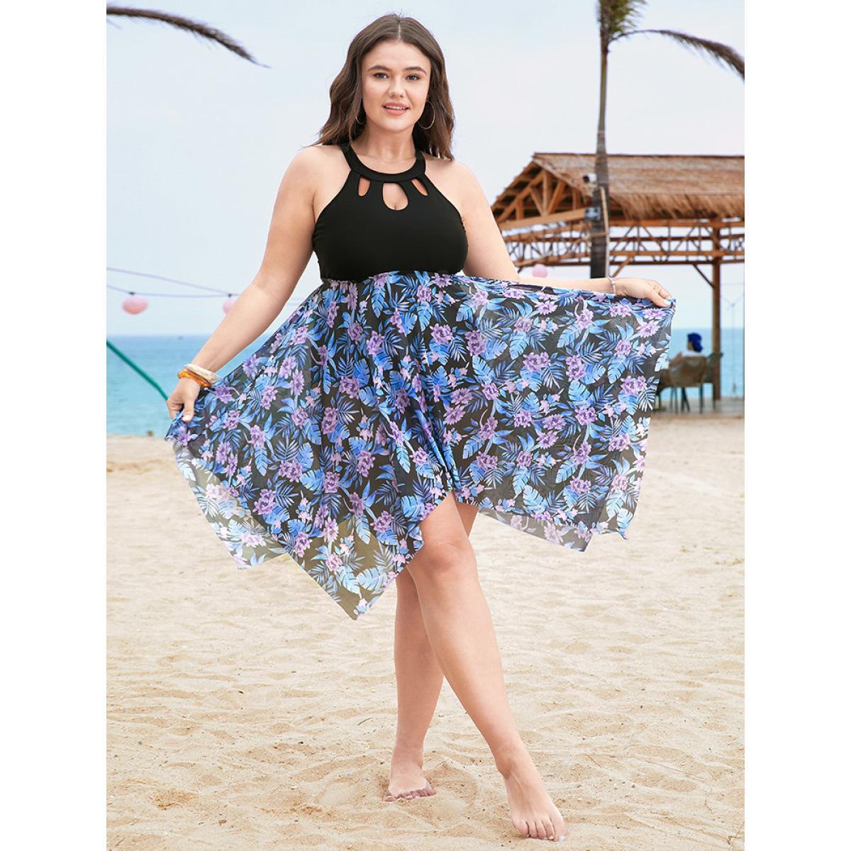 Plus Size Floral Cut Out Halter Neck Hanky Hem Swim Dress Women's Swimwear BlackFlower Vacation Bodycon Halter neck High stretch Curve Swim Dresses BloomChic 14-16/1X Product Image