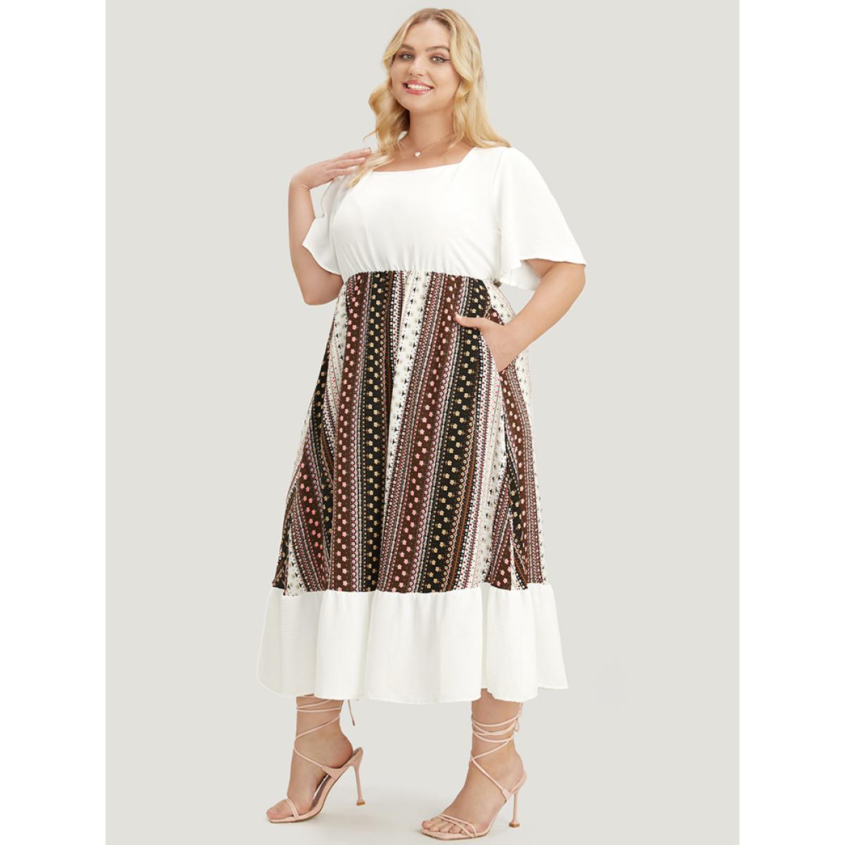 Plus Size Bandana Patchwork Square Neck Pocket Ruffles Hem Dress Ivory Women Vacation Patchwork Square Neck Short sleeve Curvy Midi Dress BloomChic 18-20/2X Product Image