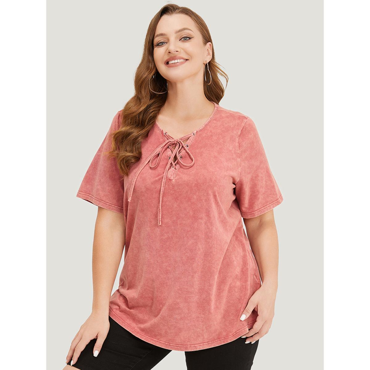 Plus Size Solid Lace Up Crew Neck Vintage T-shirt Rust Women Casual Cross straps Plain Round Neck Dailywear T-shirts BloomChic 12/L Product Image