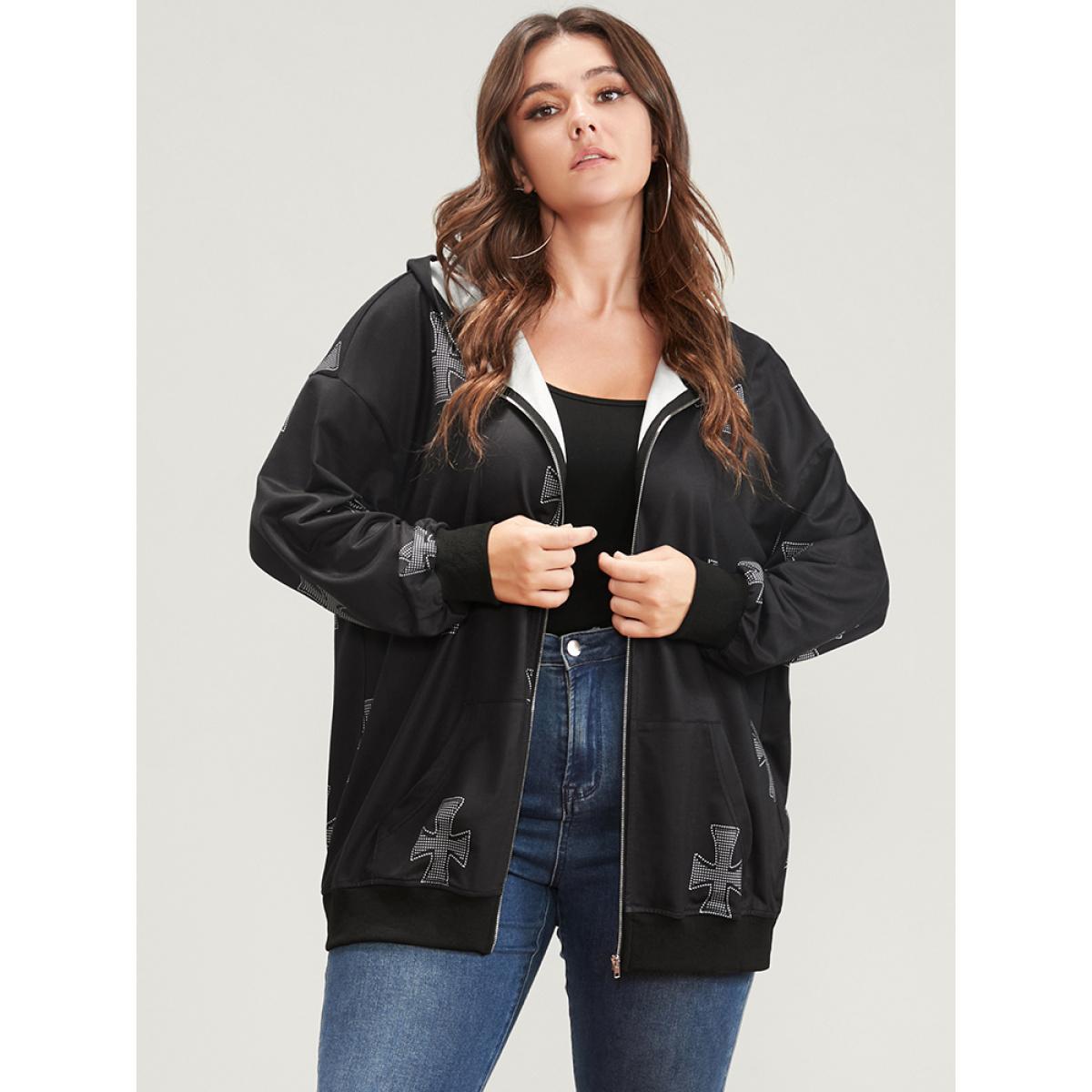 Plus Size Halloween Pocket Zipper Hooded Sweatshirt Women Black Casual Zipper Hooded Dailywear Sweatshirts BloomChic 30/6X Product Image