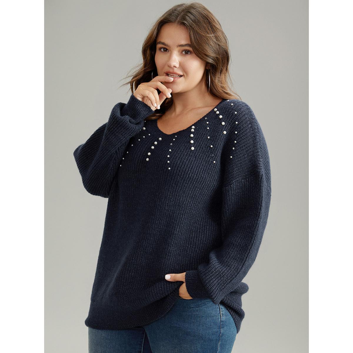 Plus Size Beaded Round Neck Elastic Cuffs Pullover Midnight Women Casual Loose Long Sleeve Round Neck Dailywear Pullovers BloomChic 22-24/3X Product Image