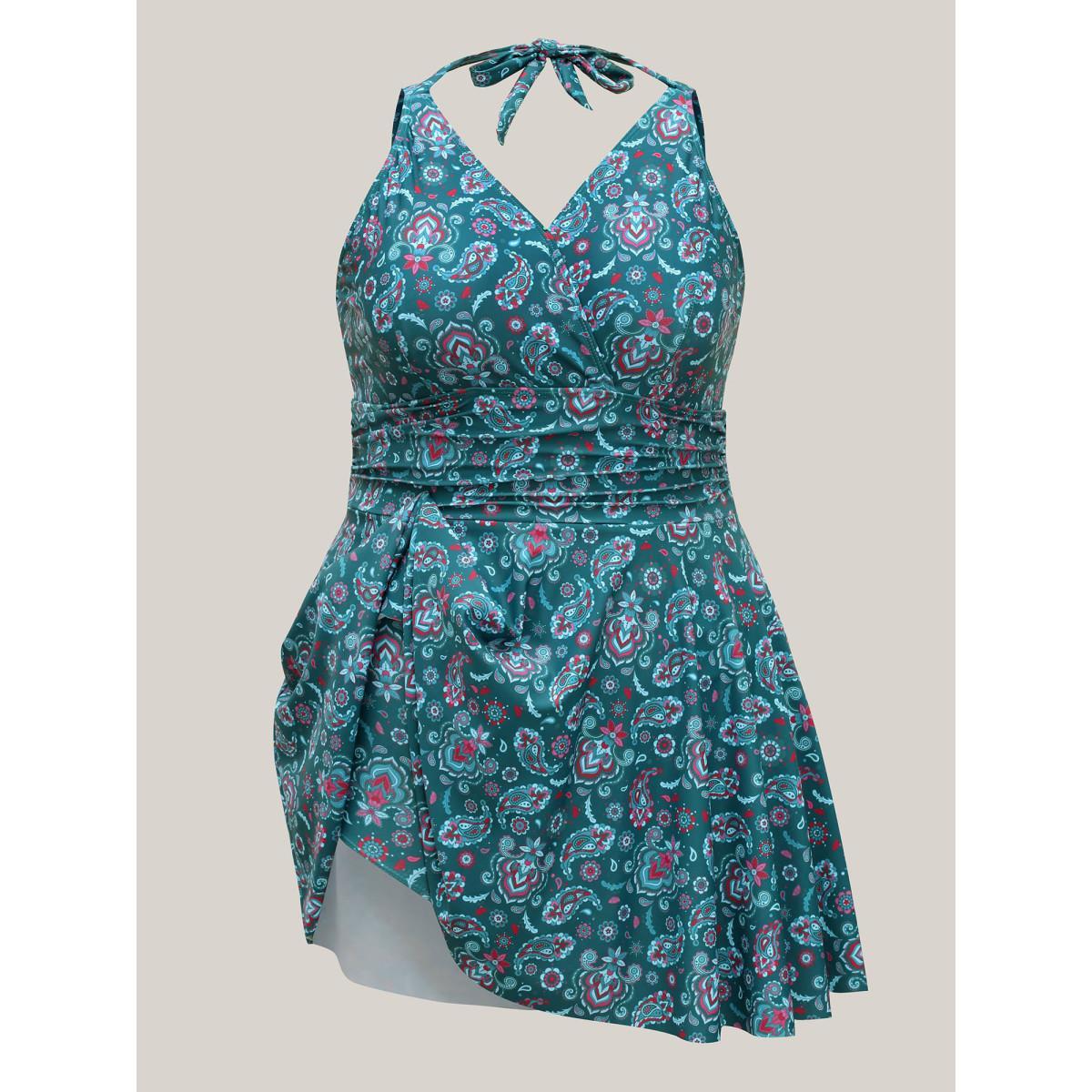 Plus Size Paisley Print Anti Float Tie One-Piece Swimsuit Women's Swimwear Teal Beach Bodycon Overlap Collar High stretch Curve Swim Dresses BloomChic 26/4X Product Image